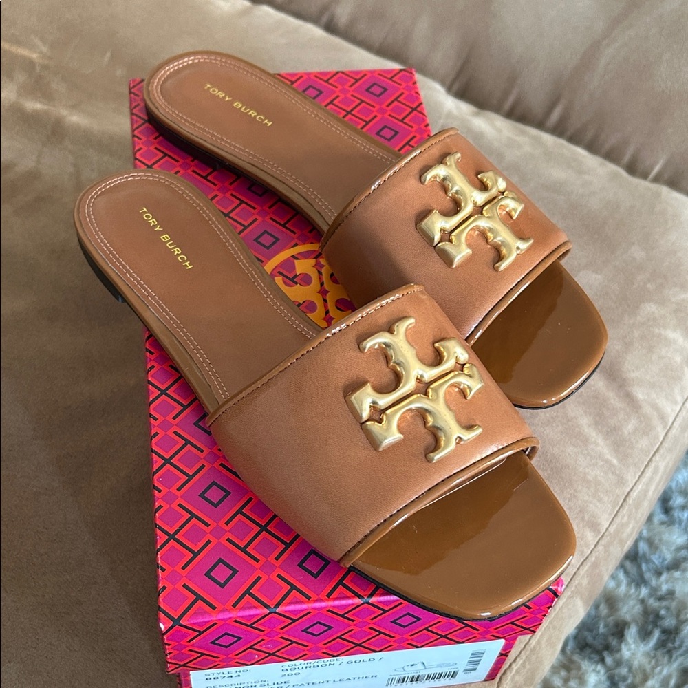 Tory Burch Tan Eleanor Slide Sandals with Gold Logo